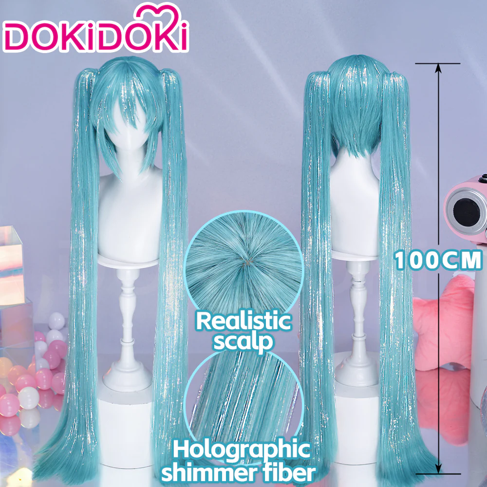 【Holographic Shimmer Fiber】【100 CM】DokiDoki Cosplay Wig Long Straight Green Blue Hair Twin Tails - Image 17