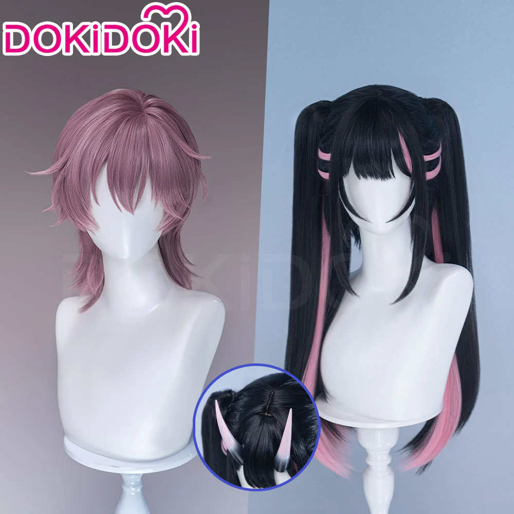 DokiDoki Anime Cosmic Princess Kaguya! Cosplay Komazawa Noi Wig Long Straight Black Pink Highlight Hair Twin Tails / Horn Accessory