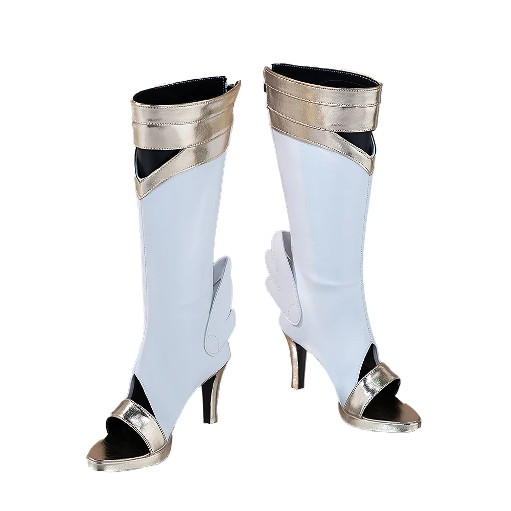 DokiDoki Anime Cosplay White Gold Battle Shoes Wing High Heel Boots - Image 4