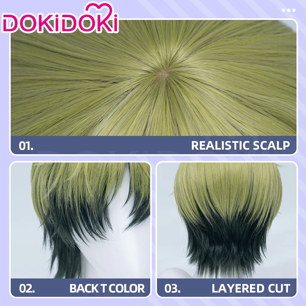 DokiDoki Anime Cosplay Wig Short Blonde Green Black Layered Hair - Image 10