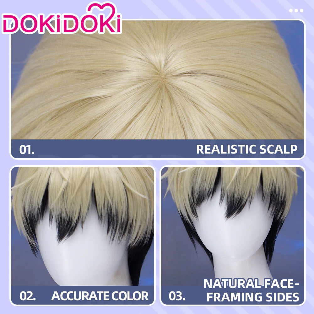 DokiDoki Anime Cosplay Wig Short Blonde Green Black Layered Hair - Image 5