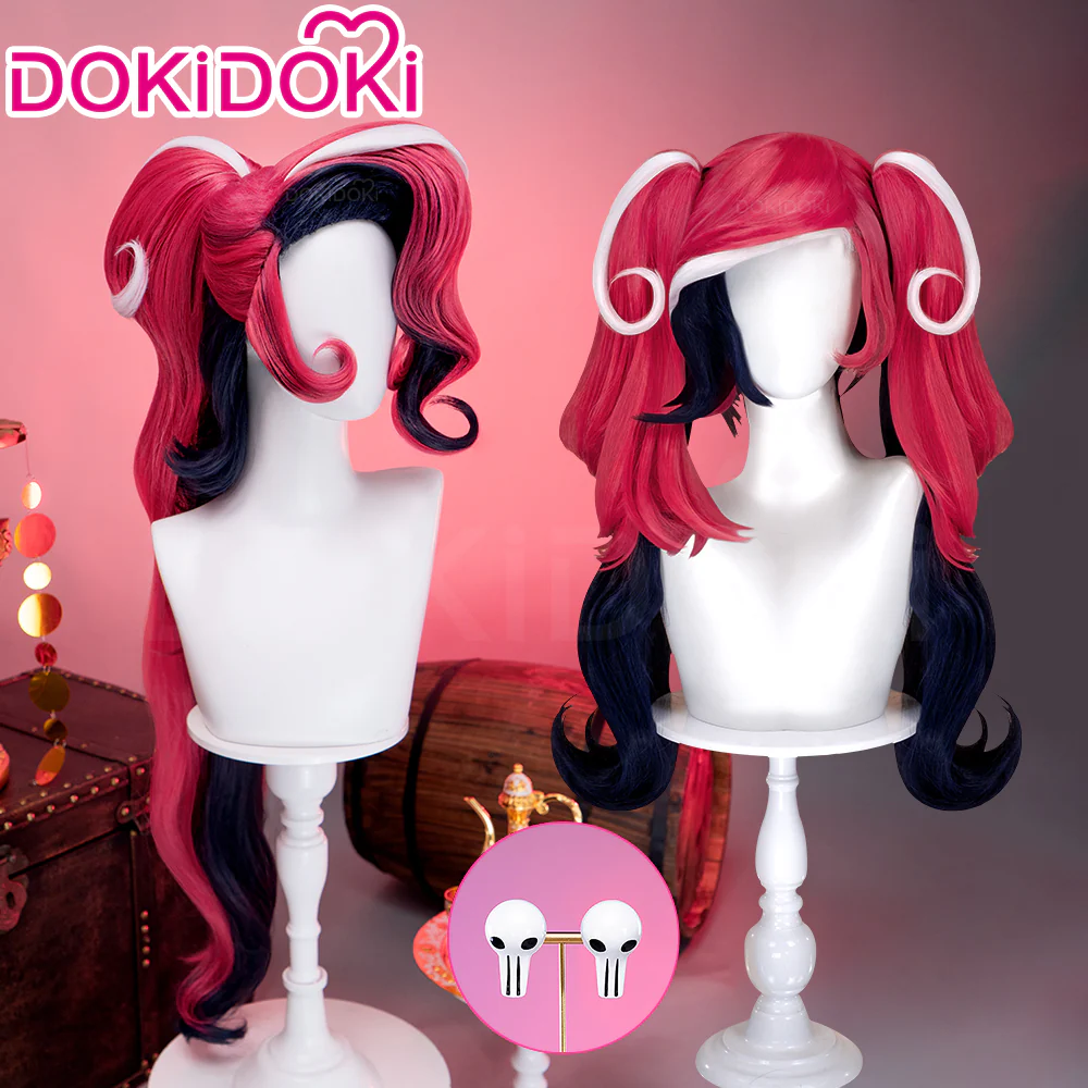 【Ready For Ship】DokiDoki Anime Hell Hotel Cosplay Wig / Earring Long Curly Pink Black Double Ponytail Hair