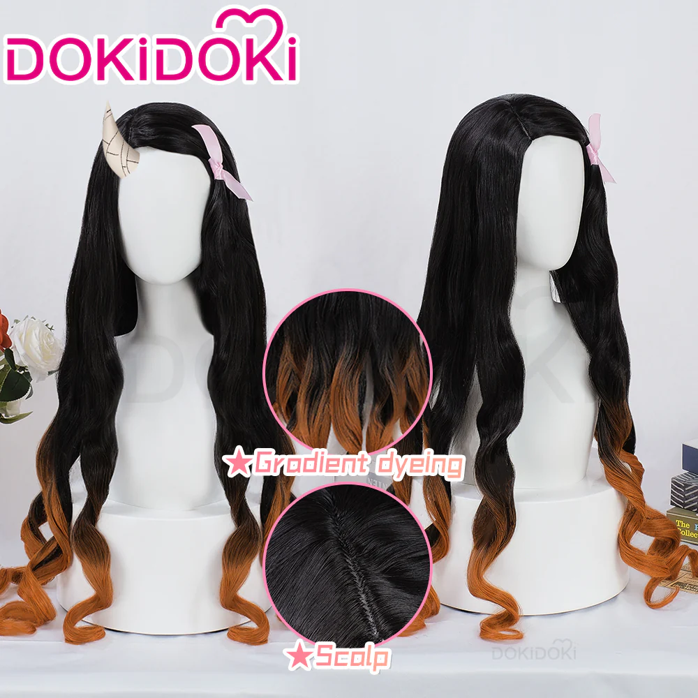 DokiDoki Anime Wig Long Curly Black Yellow Hair / Horn / Bamboo Muzzle