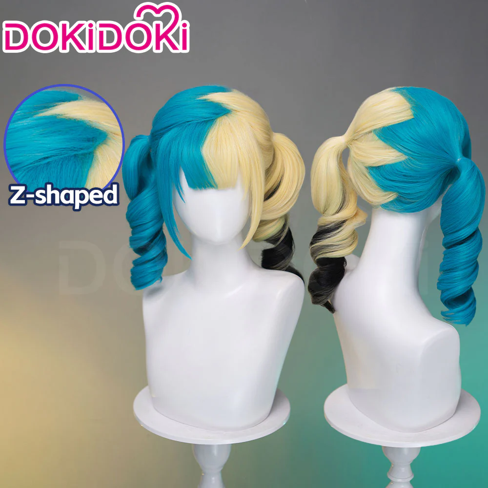 DokiDoki Game Cosplay Trainer Wig Long Curly Blue Blonde Black Highlight Hair Pigtails Z-Shaped