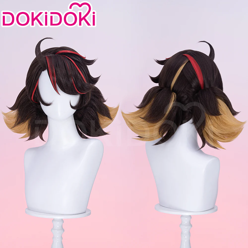 【Ready For Ship】Dokidoki Game Cosplay Woman Wig Short Curly Black Hair Light Brown Red Highlights