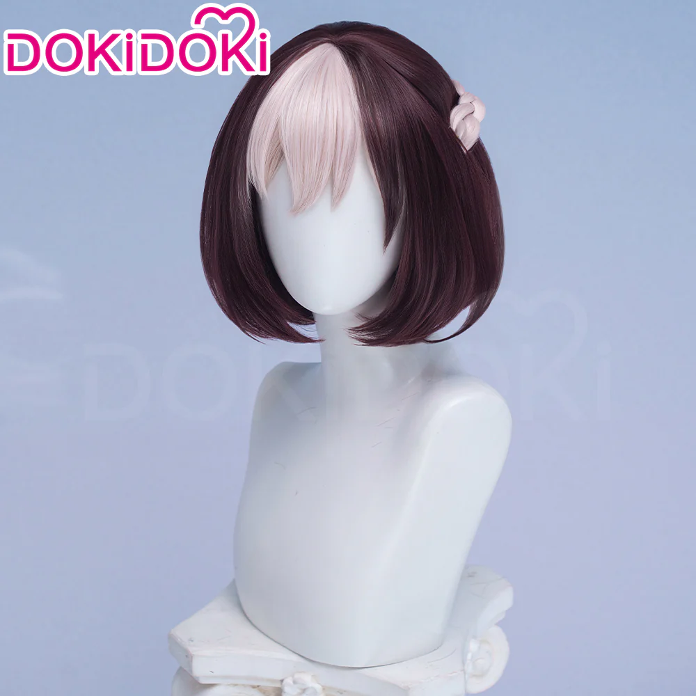 【Ready For Ship】DokiDoki Game Cosplay Wig Short Straight Brown White Highlight Hair - Image 2