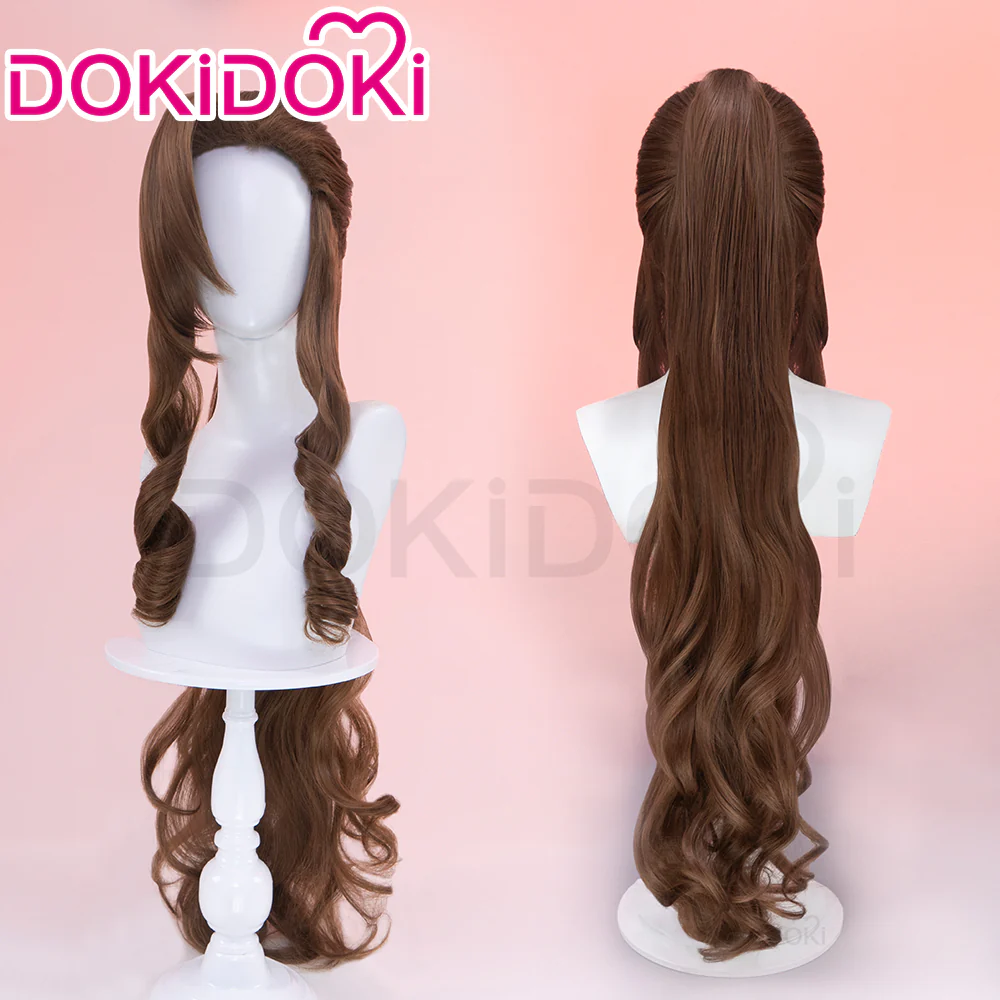 【Ready For Ship】DokiDoki Game Cosplay Aeriith Wig Brown Long Pony Tail Curly Hari Women