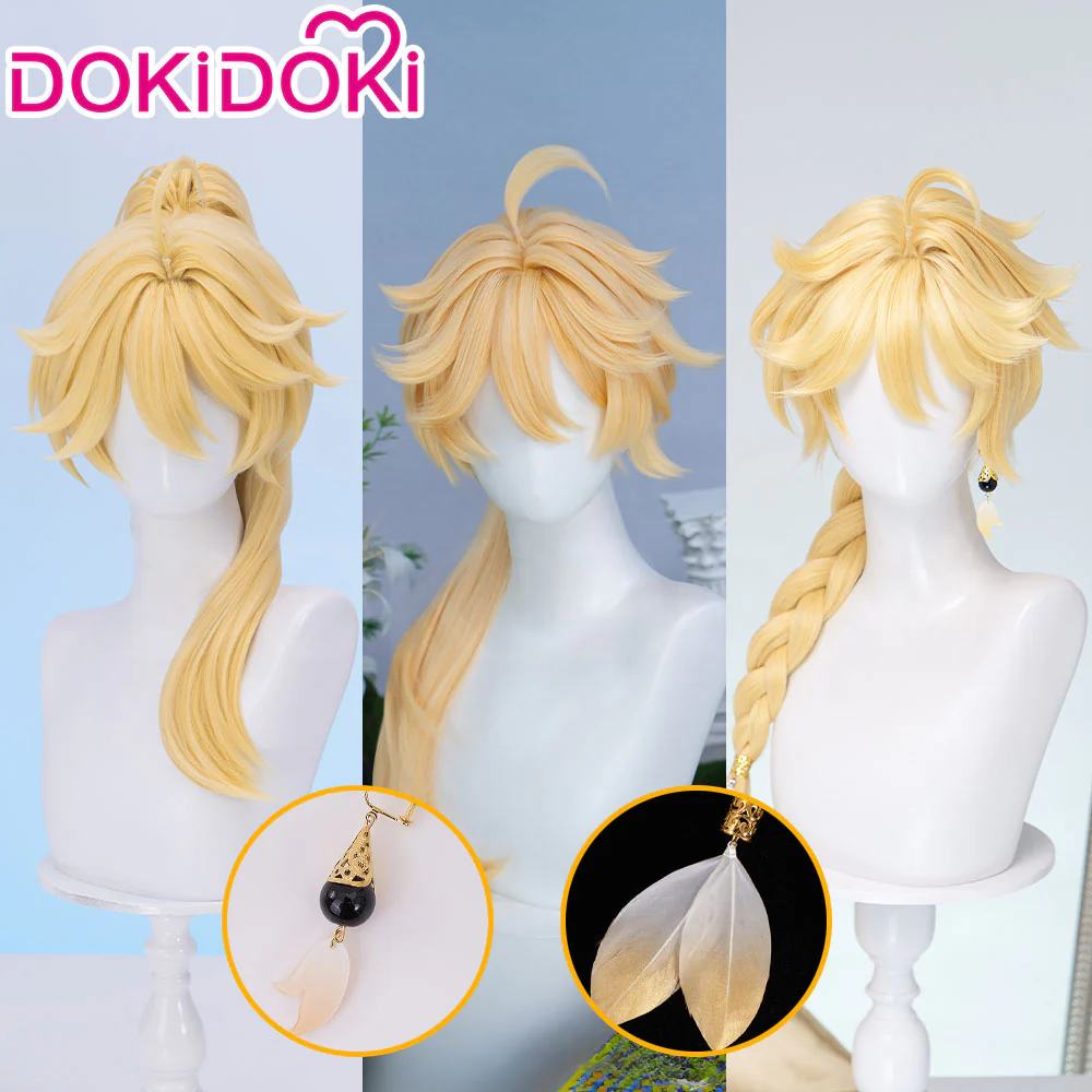 【Partially Ready For Ship】DokiDoki Game Genshin Impact Cosplay Traveler Aether Wig / Earring Long Blonde Hair Kong As Heaven and Earth Are Made Anew