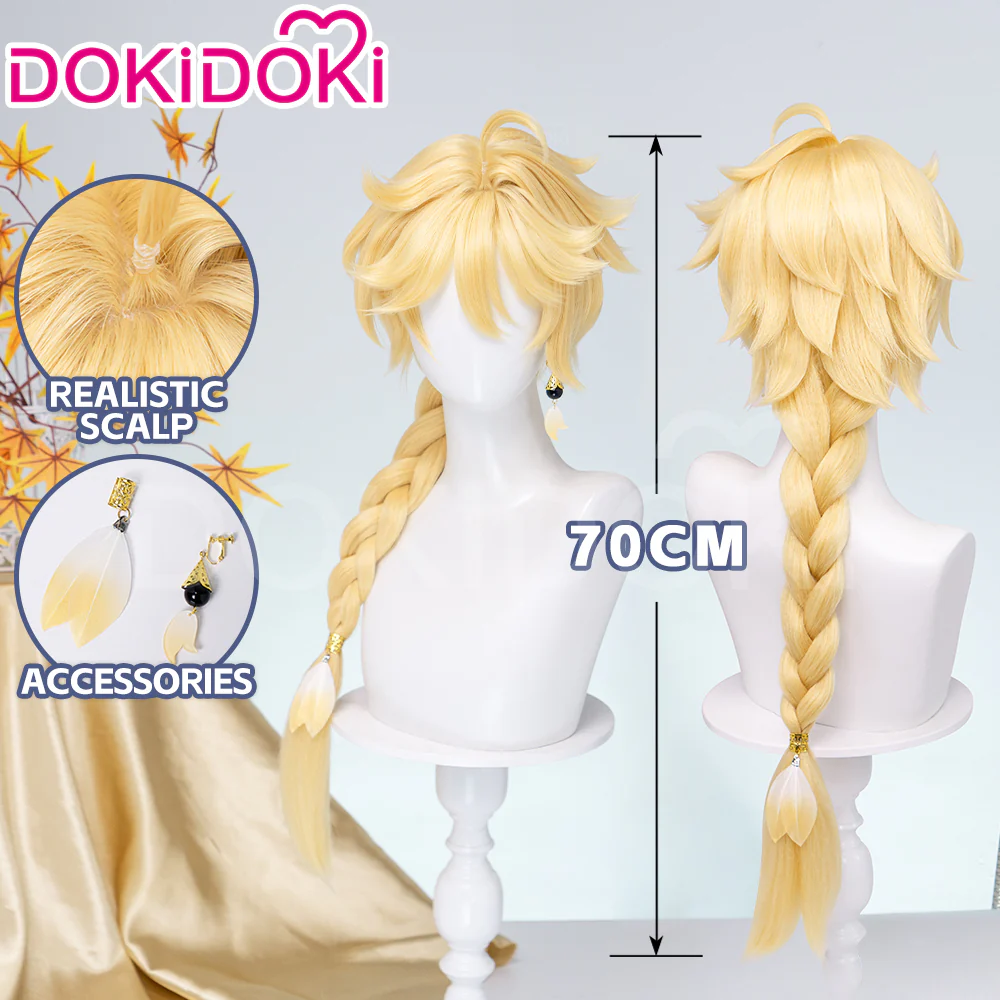 【Partially Ready For Ship】DokiDoki Game Genshin Impact Cosplay Traveler Aether Wig / Earring Long Blonde Hair Kong As Heaven and Earth Are Made Anew - Image 2
