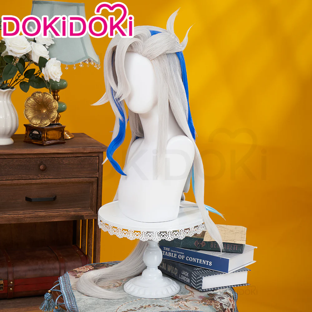 【Partially Ready For Ship】DokiDoki Game Genshin Impact Cosplay Fontaine Neuvillette Wig Long Grey Blue Highlight / Lightstrip / Wefts Melusent Gift - Image 3