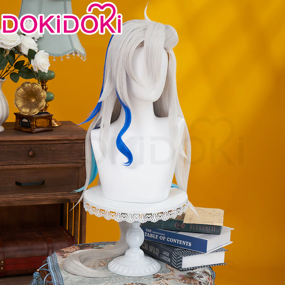 【Partially Ready For Ship】DokiDoki Game Genshin Impact Cosplay Fontaine Neuvillette Wig Long Grey Blue Highlight / Lightstrip / Wefts Melusent Gift - Image 4