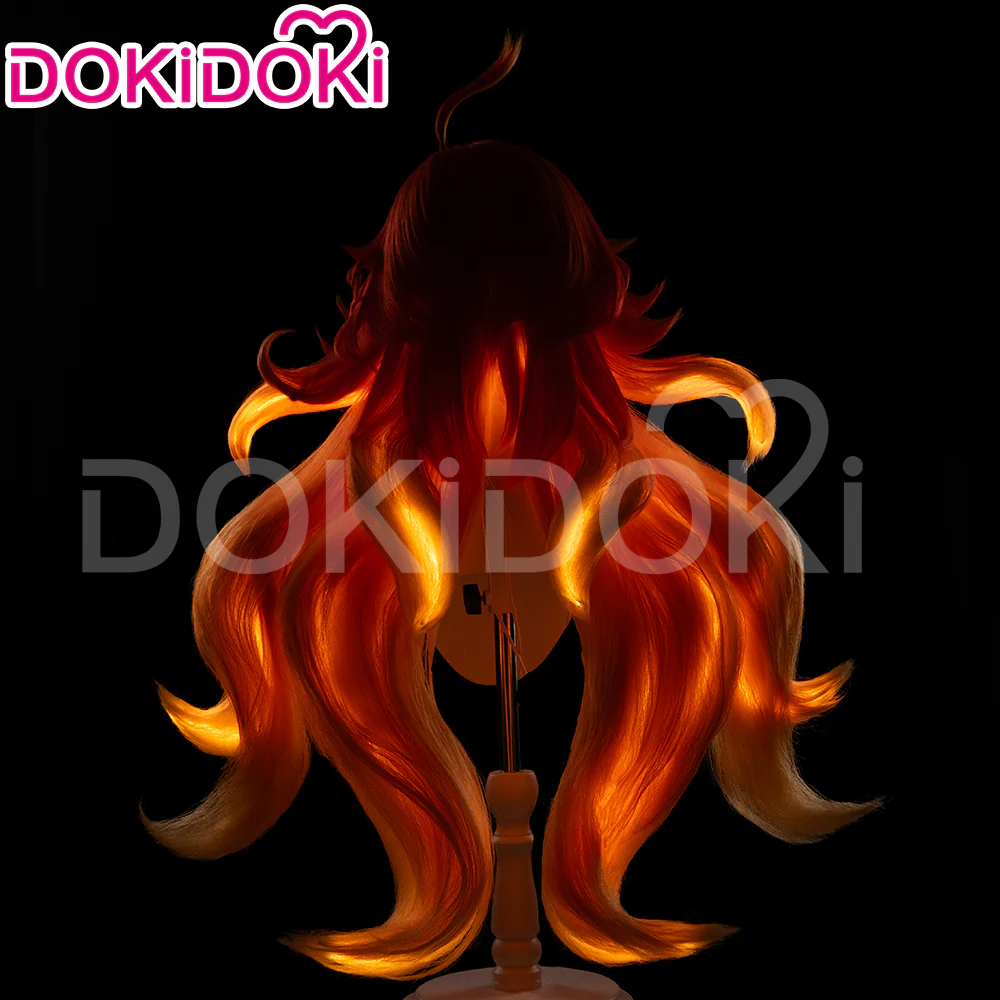 DokiDoki Game Genshin Impact Cosplay Pyro Archon Mavuika Wig / Light Strips/ Wefts / Earclip / Glasses Natlan Long Curly Orange - Image 4