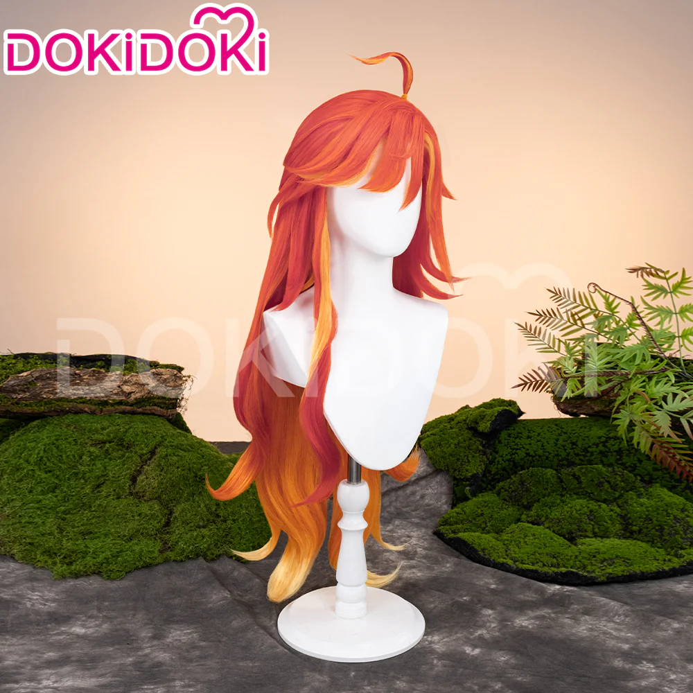 DokiDoki Game Genshin Impact Cosplay Pyro Archon Mavuika Wig / Light Strips/ Wefts / Earclip / Glasses Natlan Long Curly Orange - Image 5