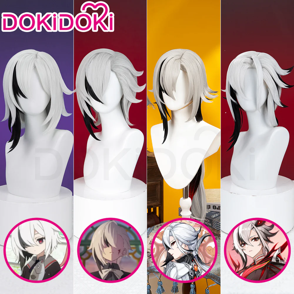 【Partially Ready For Ship】DokiDoki Game Genshin Impact Fontaine  Fatui Harbinger Cosplay The Knave Arlecchino Wig Long Straight White Red Gradient Hair / Ear Clip / Wefts / Childhood Ver. / Youth Ver. / Boss Ver.