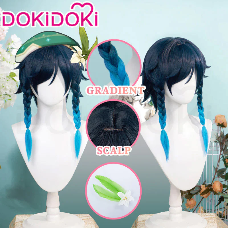 【Ready For Ship】【Gradient Ver】DokiDoki Game Genshin Impact Venti Cosplay Wig Black Blue Wig/ Head Accessory