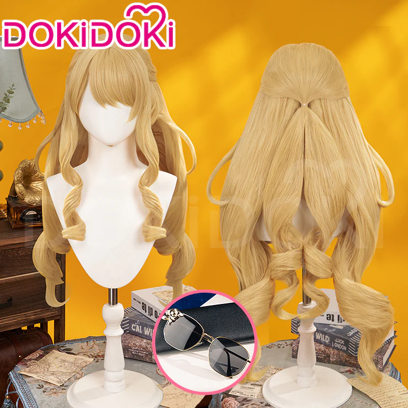 【Partially Ready For Ship】DokiDoki Game Genshin Impact Wig Cosplay Fontaine Navia Cosplay Wig Long Curly Yellow Hair / Sunglasses/ Weft