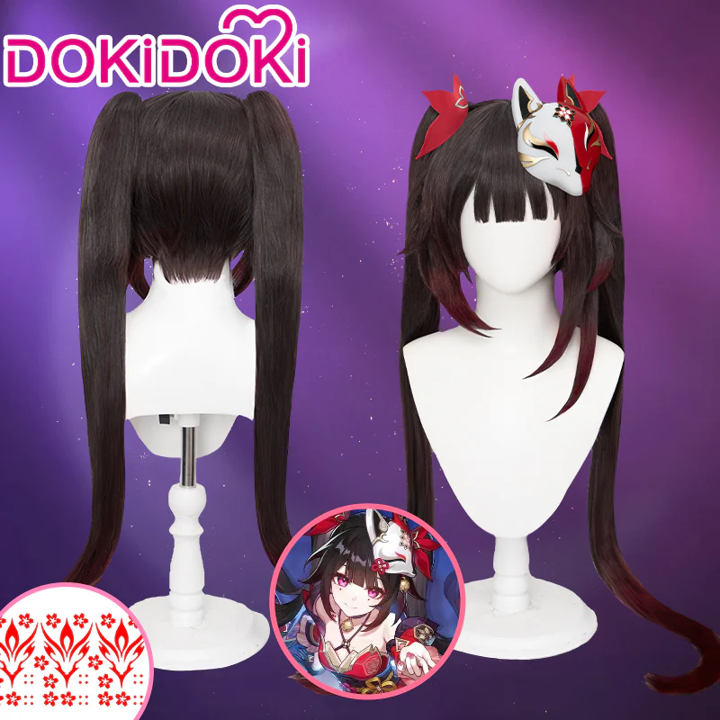【Ready For Ship】DokiDoki Game Honkai: Star Rail Cosplay Hanabi Wig / Mask / Headwear / Tattoo Long Brown Twin Tail/ Long Straight Red Gradient Hair Cute Miss Sparkle