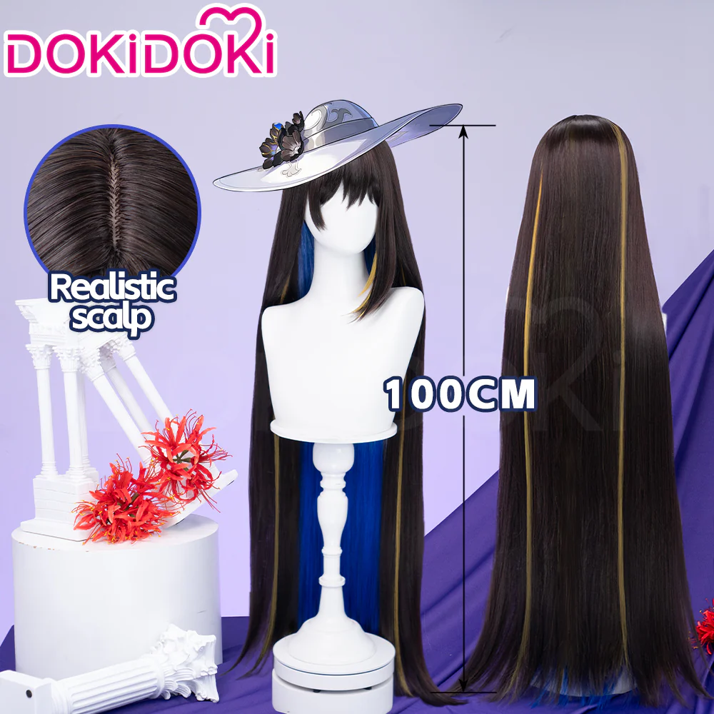 【Ready For Ship】DokiDoki Game Honkai: Star Rail Cosplay The Dahlia Wig Long Straight Black Yellow Highlight Hair Blue Inner Layer Constance