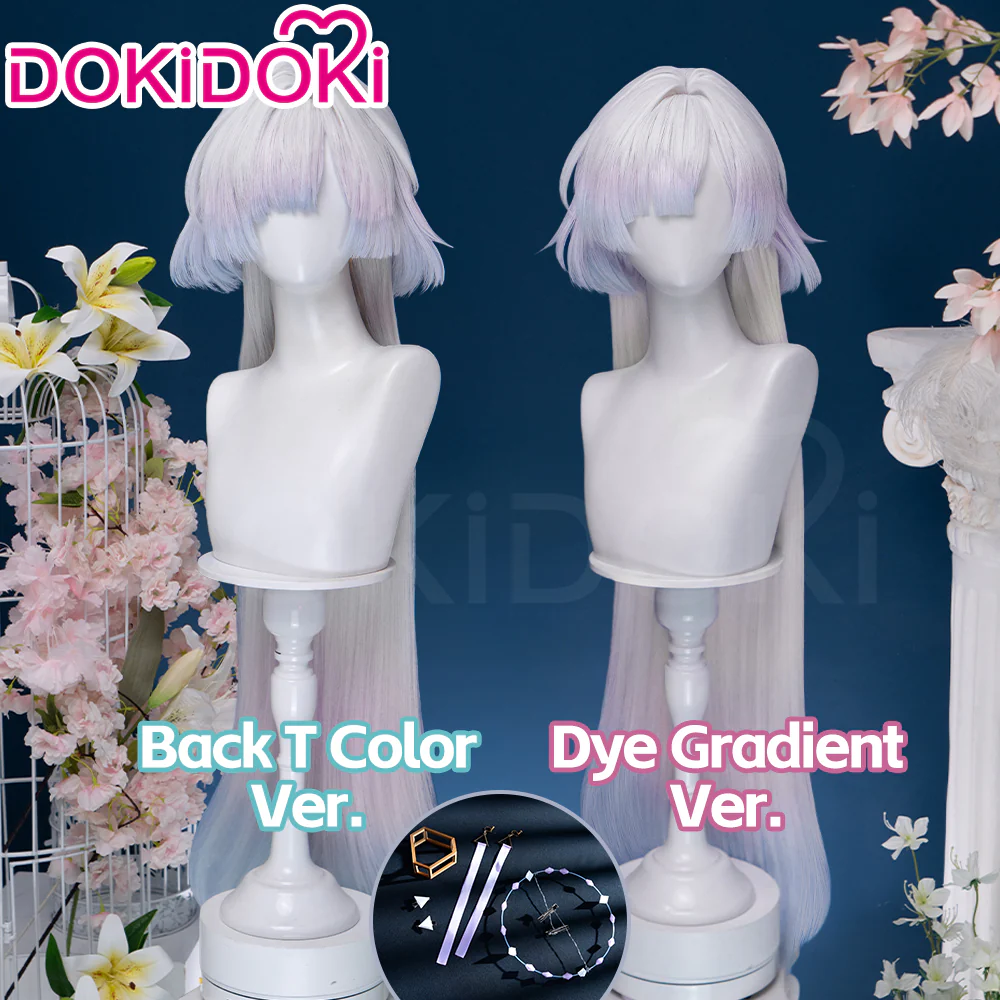 【Ready For Ship】DokiDoki Game Wuthering Waves Cosplay Mornye Wig Long Straight Silver Light Pink Blue Dye Gradient / Back T Color Hair