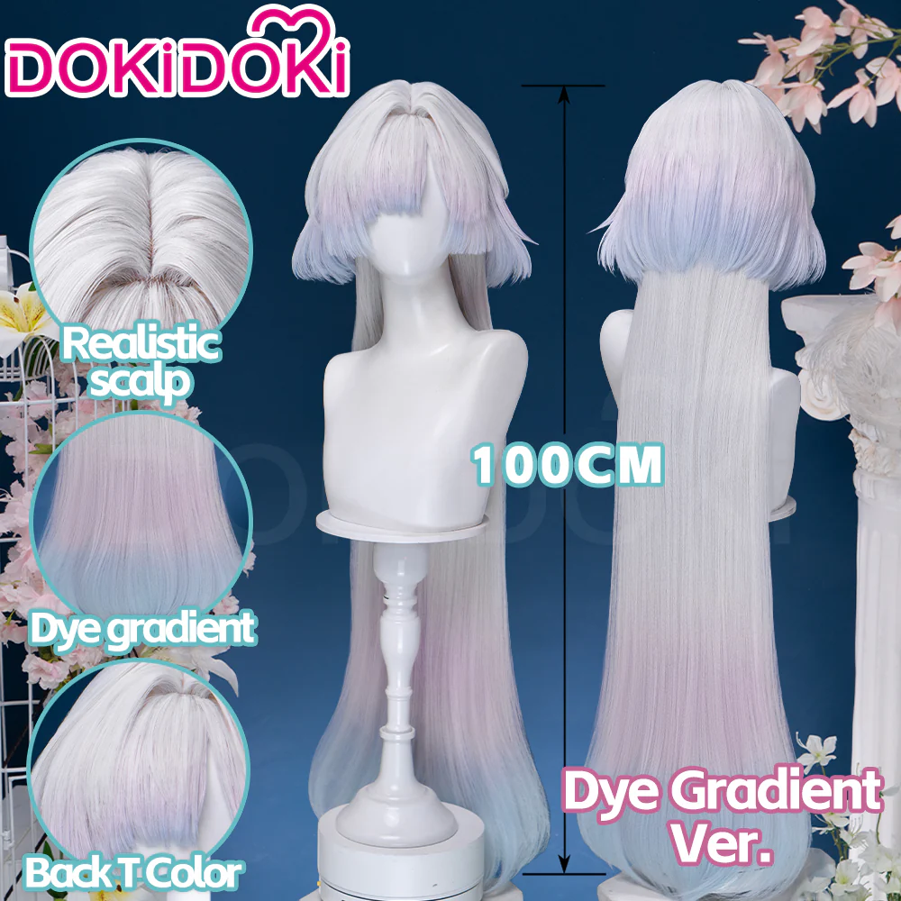 【Ready For Ship】DokiDoki Game Wuthering Waves Cosplay Mornye Wig Long Straight Silver Light Pink Blue Dye Gradient / Back T Color Hair - Image 4