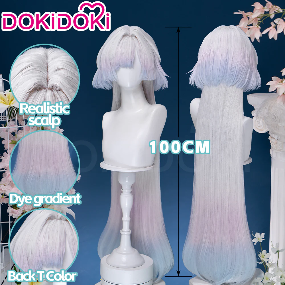 【Ready For Ship】DokiDoki Game Wuthering Waves Cosplay Mornye Wig Long Straight Silver Light Pink Blue Dye Gradient / Back T Color Hair - Image 5
