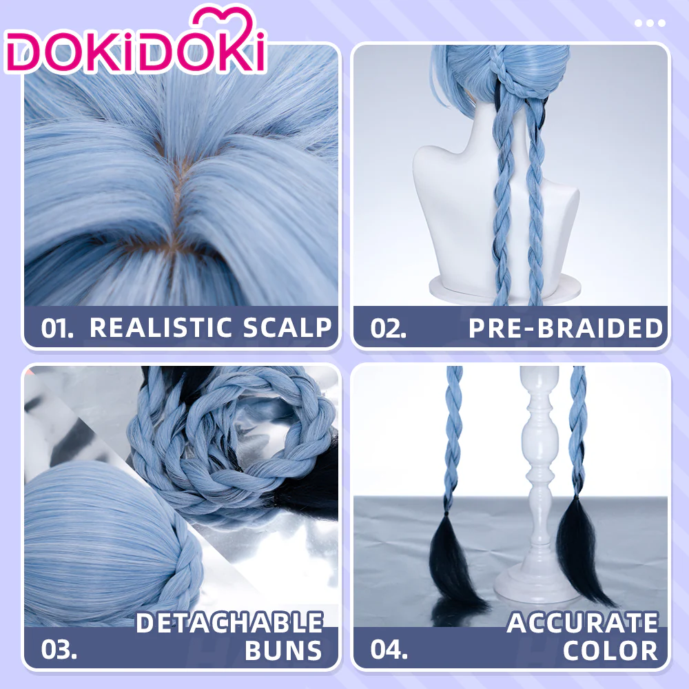 DokiDoki Game Zenless Zone Zero Cosplay Lucia Wig Long Straight Blue Hair Buns Braid zzz - Image 4