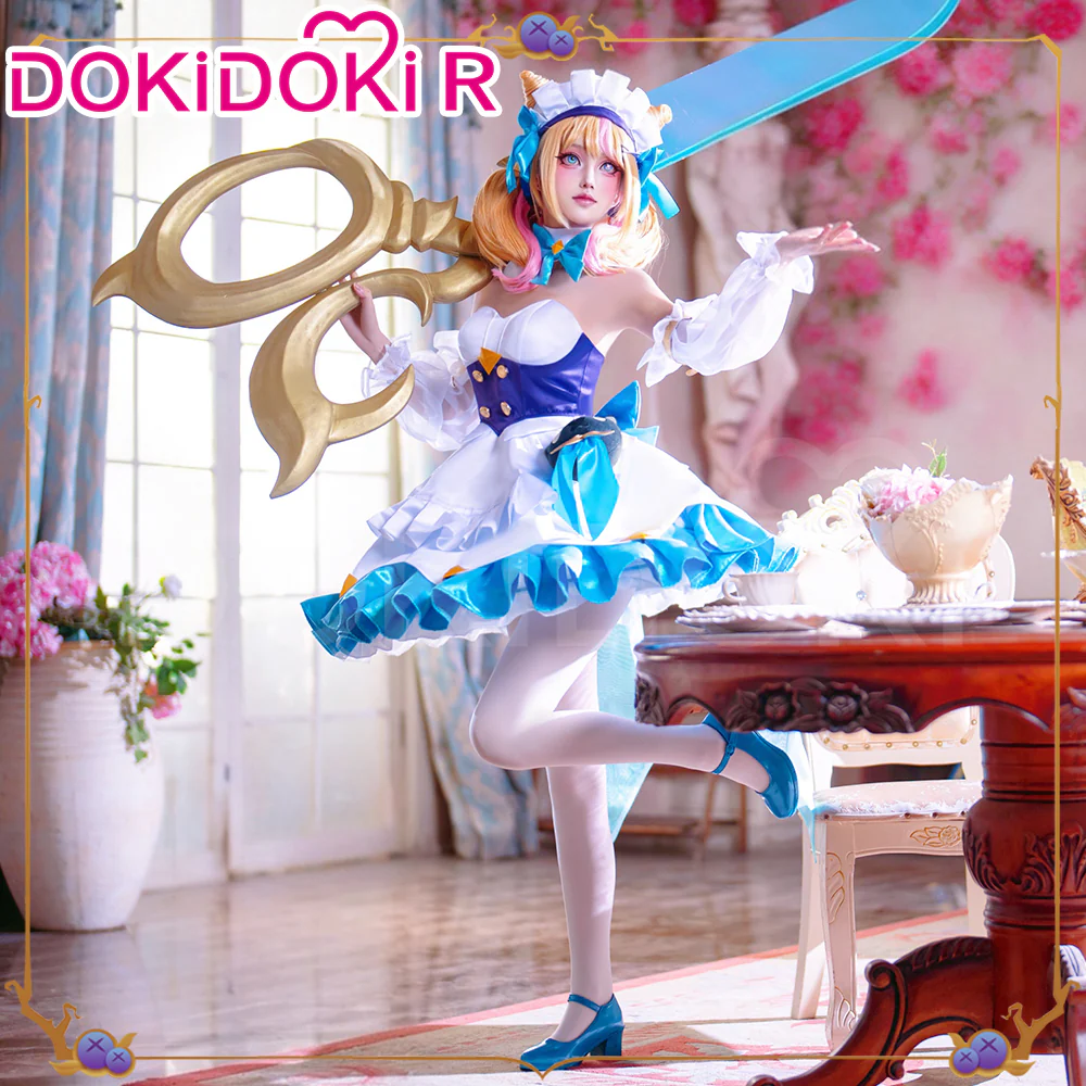 DokiDoki-R Game Cosplay Gween Costume White Blue Maid Dress Prestigee Cafee Cutties