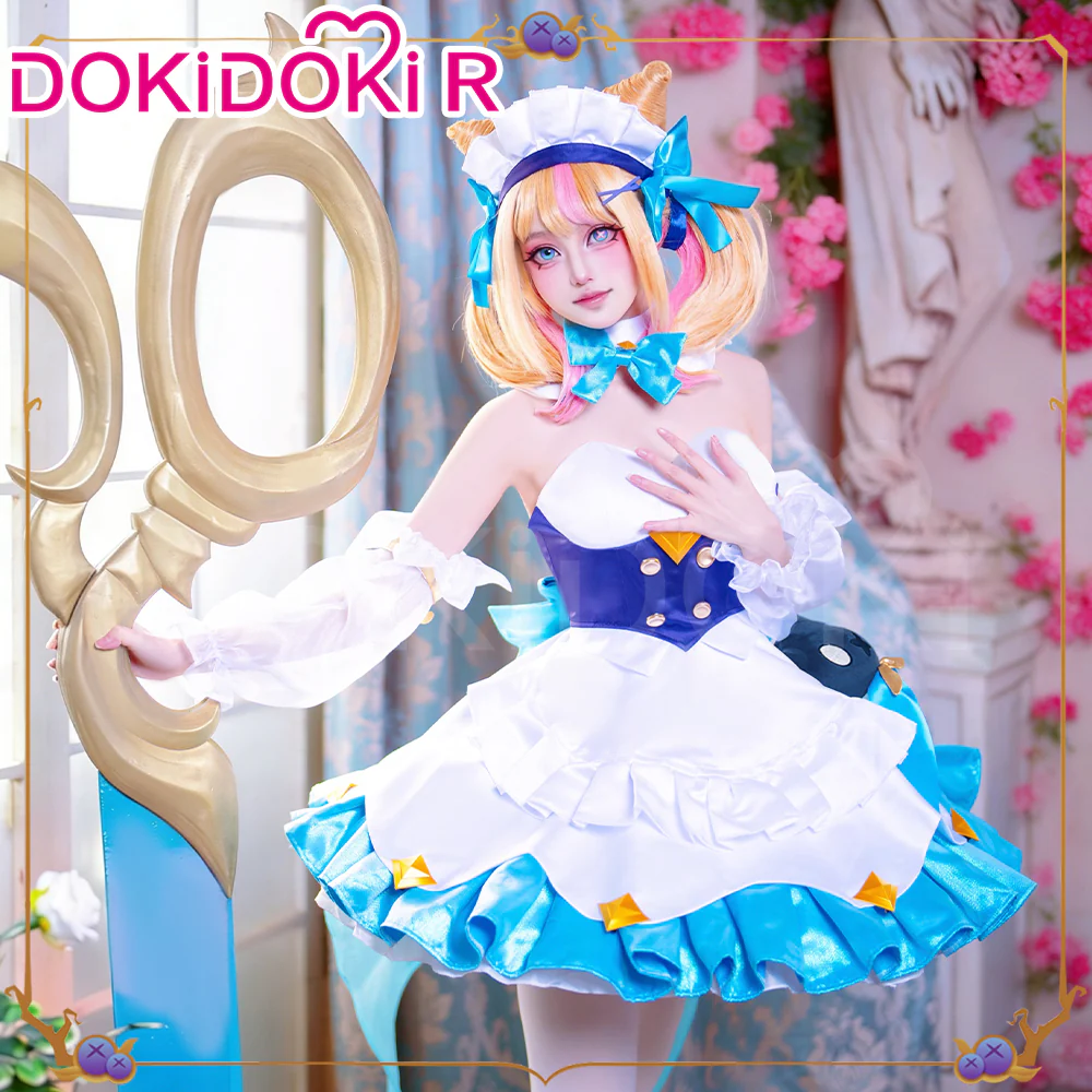 DokiDoki-R Game Cosplay Gween Costume White Blue Maid Dress Prestigee Cafee Cutties - Image 3