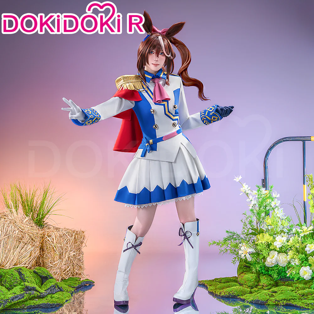 【Size XS-2XL】DokiDoki-R Game Cosplay Costume Racewear White Blue Dress Cute With Red Cape